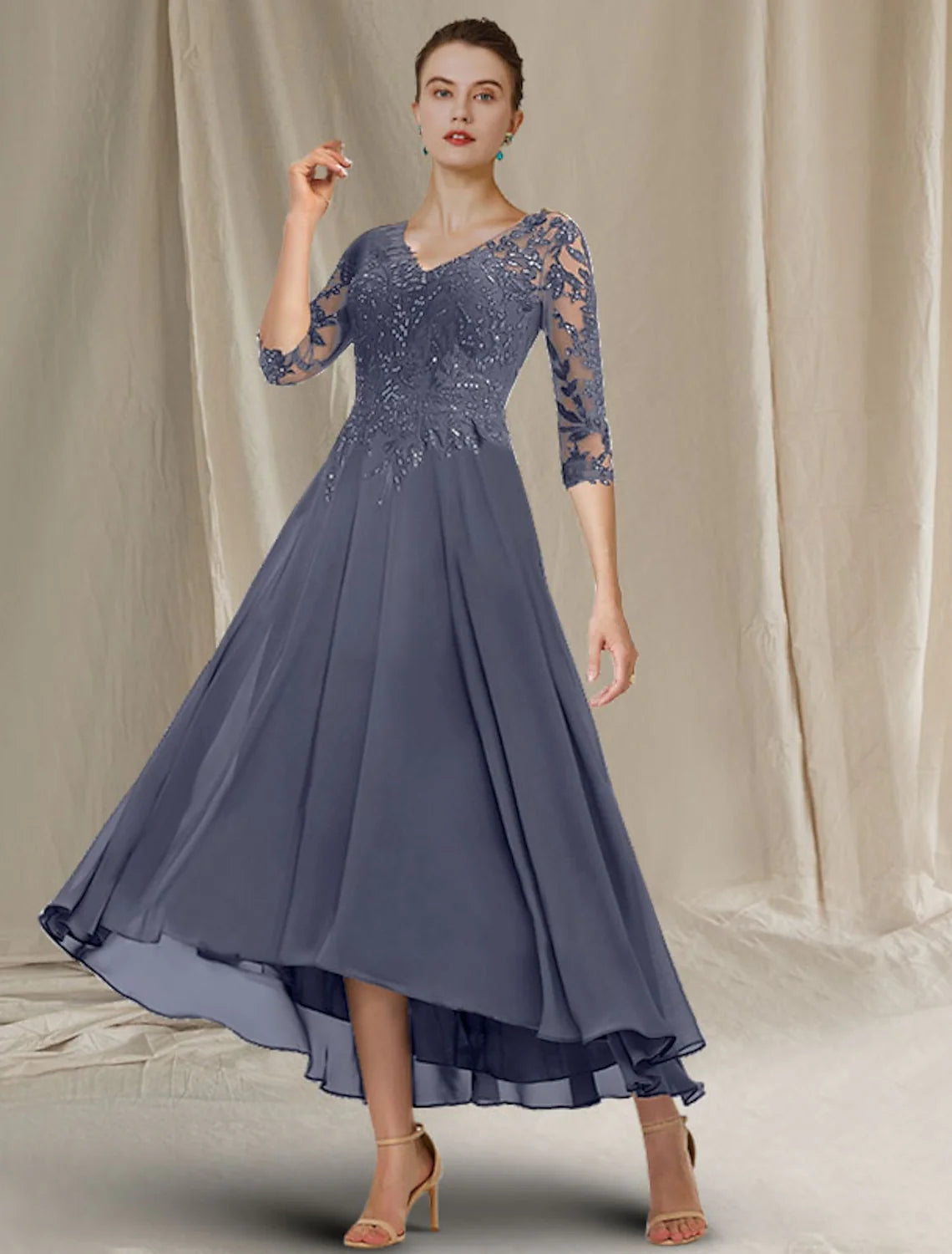 Wholesale A-Line Mother of the Bride Dress Elegant Sparkle & Shine High Low V Neck Asymmetrical Tea Length Chiffon Lace Half Sleeve with Sequin Ruffles Appliques